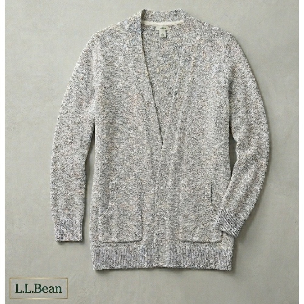 L.L.Bean Cardigan Women Large Gray Marled Open Front Cotton Pockets Cabincore